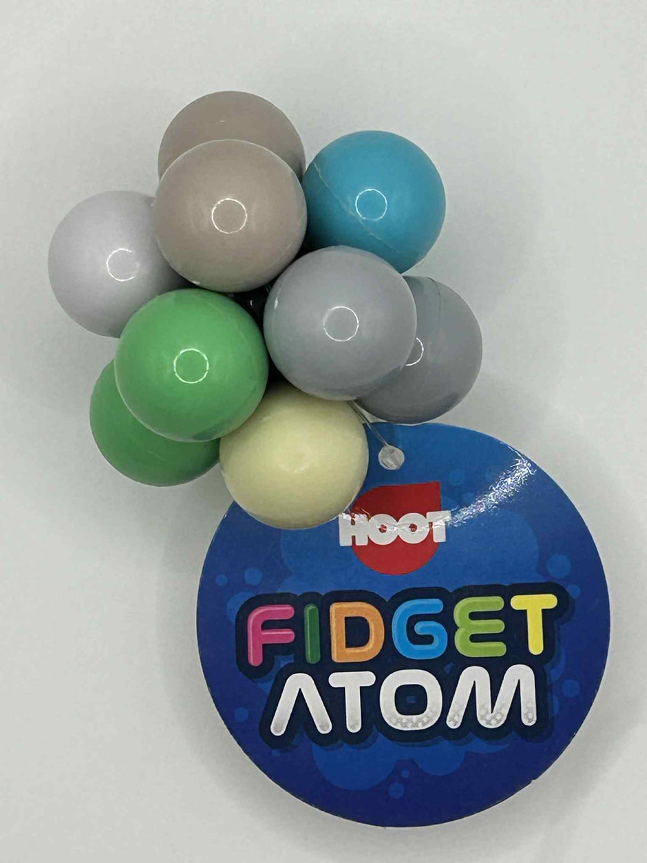 Fidget Atom close-up showing multi-coloured tactile buttons for stress relief and focus