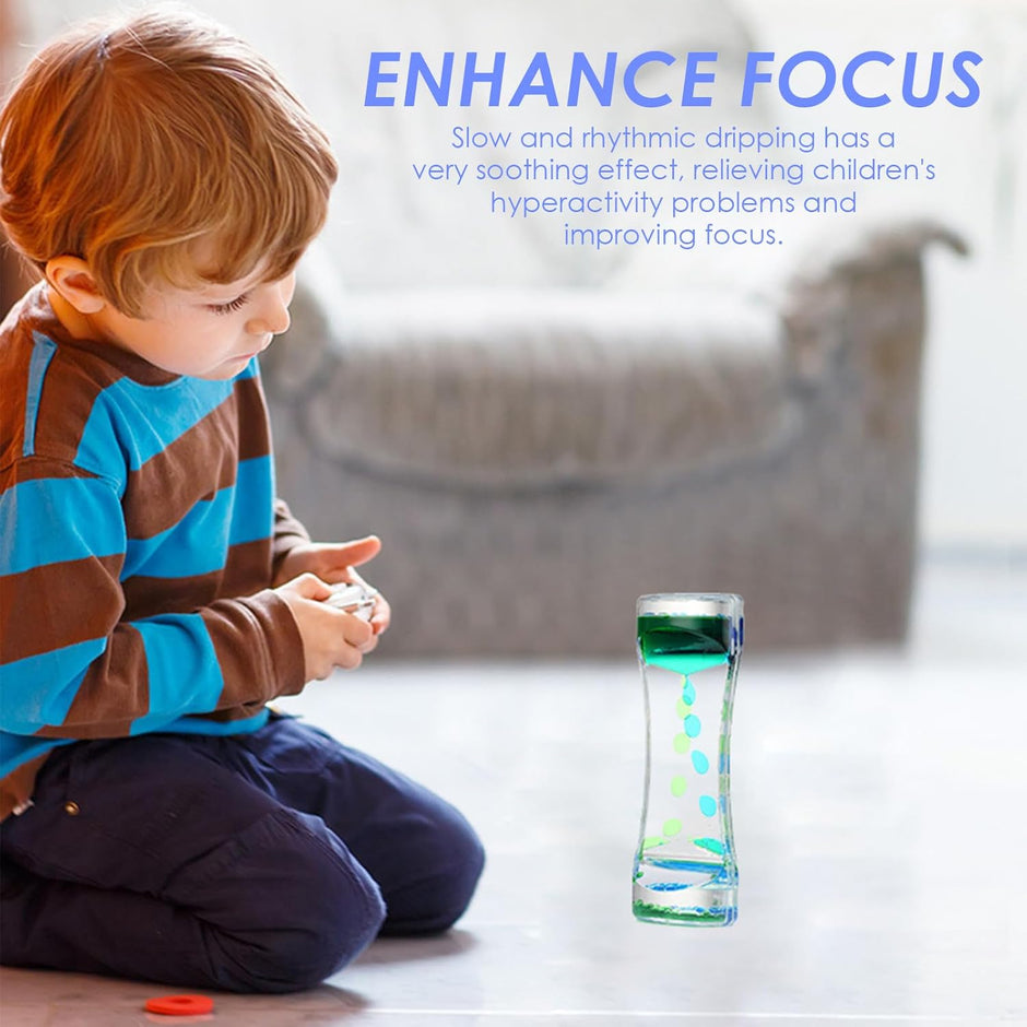 Close-up of Oval Liquid Motion Timer showing colourful oil droplets flowing for visual relaxation as the child watches.