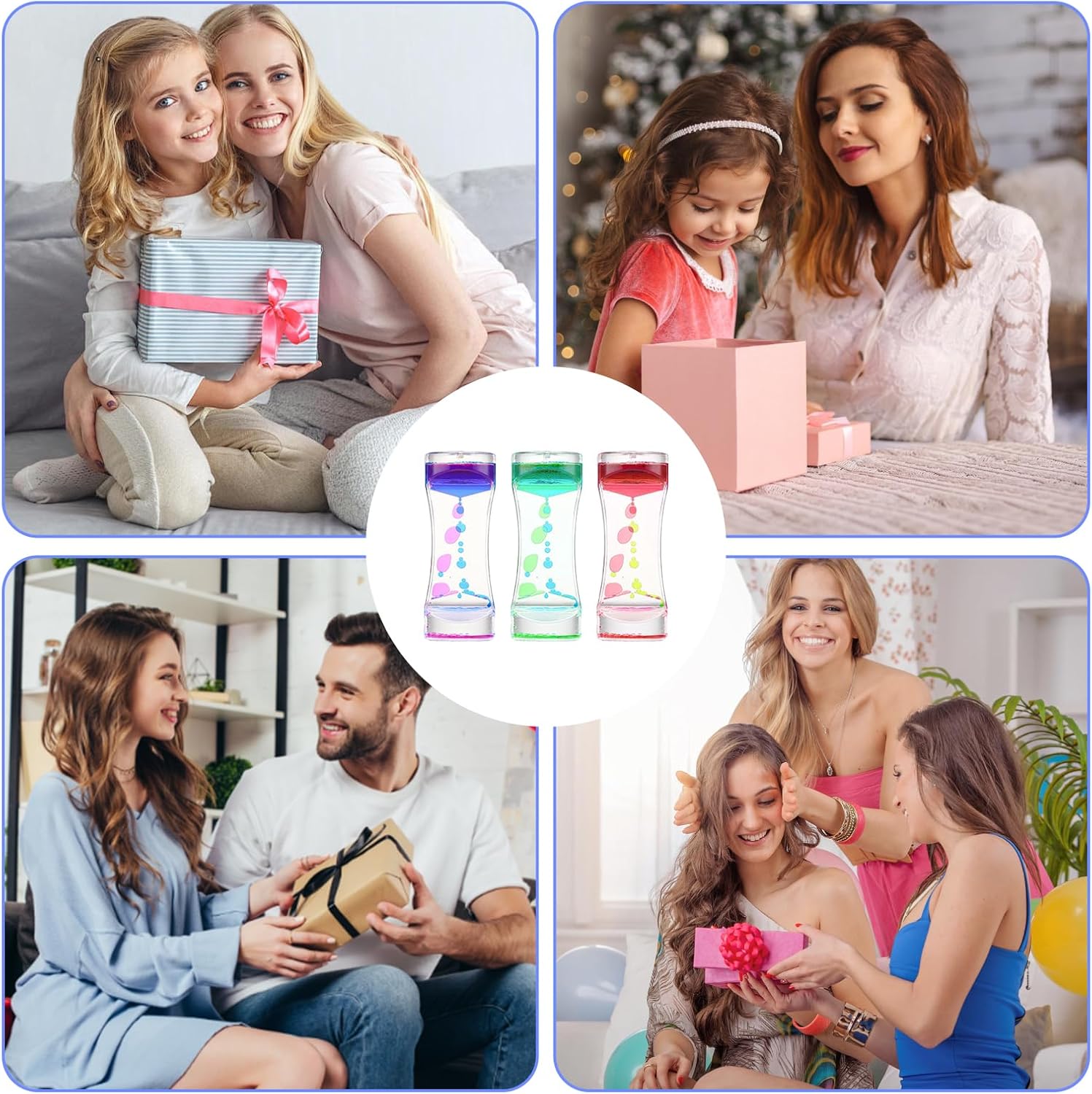 Close-up of Oval Liquid Motion Timer showing colourful oil droplets flowing for visual relaxation and families being gifted it for different occasions and different ages including children and adults.