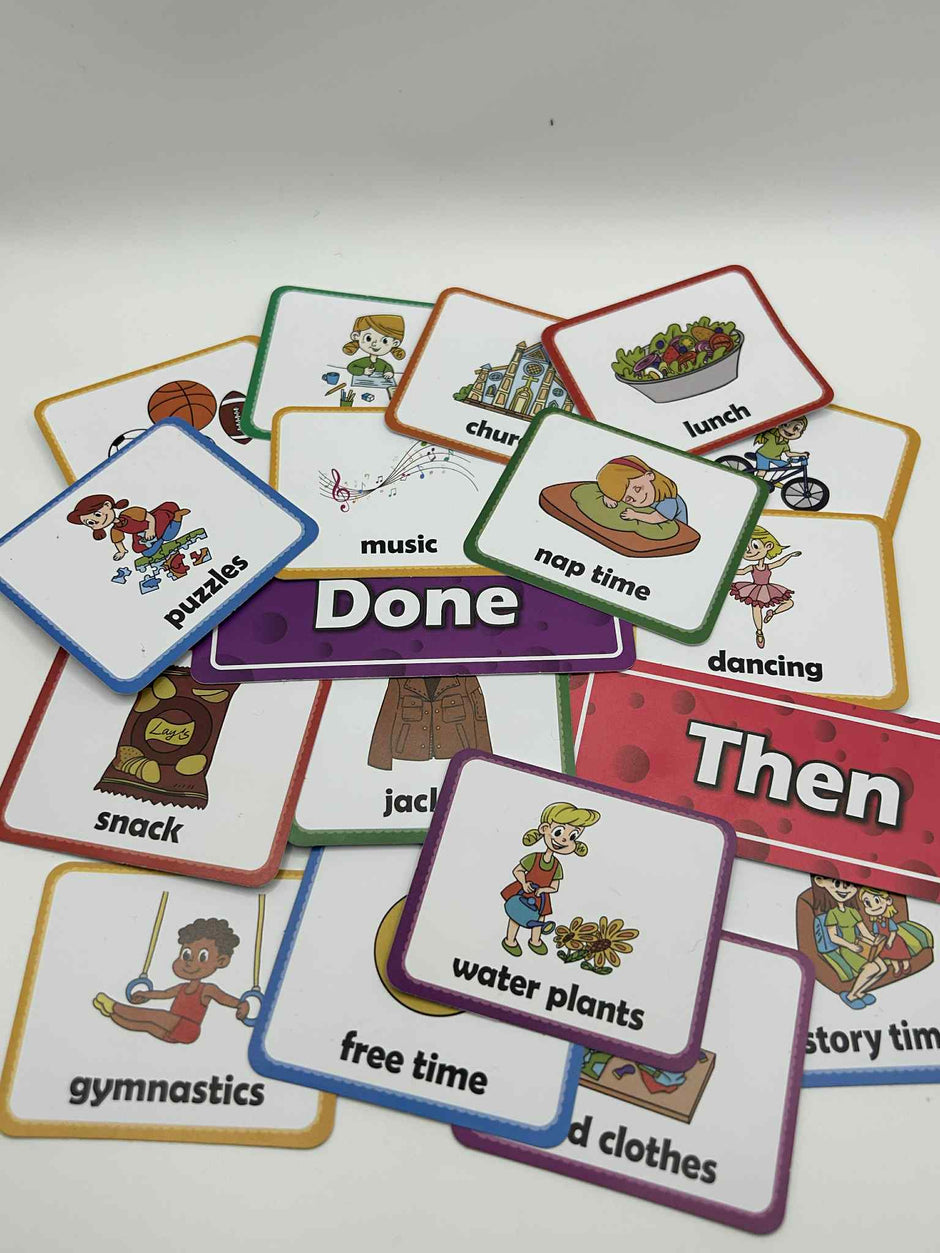 Close-up of PECS Visual Timetable Board showing the variety of cards included cards