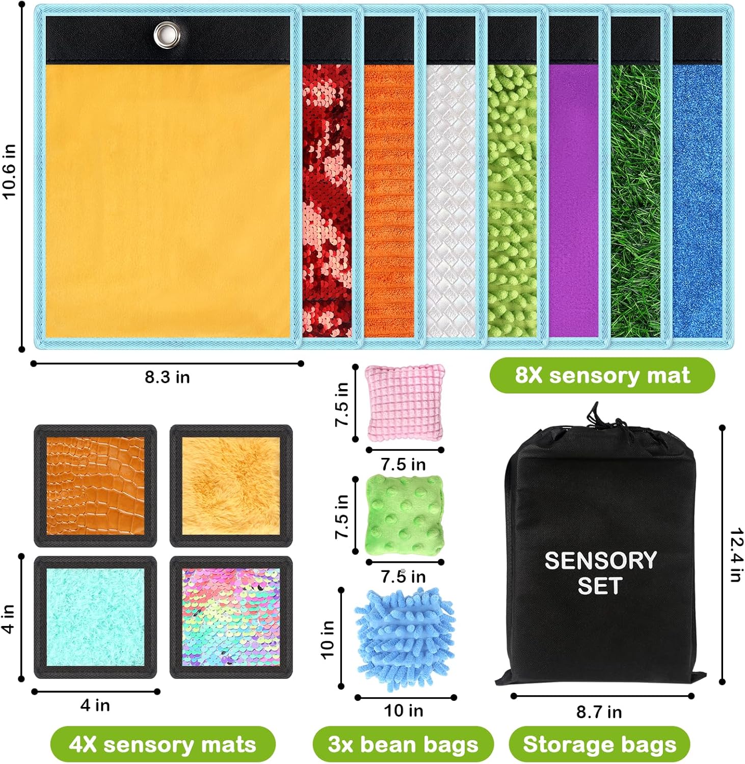 Close-up of Sensory Floor Mat & Bean Bag Bundle showing colourful textured tiles and soft bean bags for tactile play