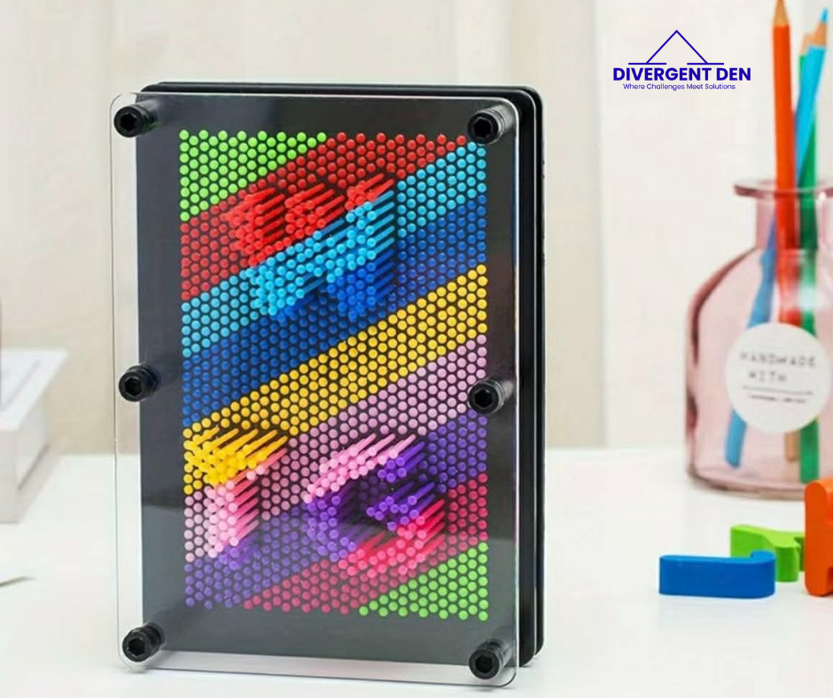 3D Rainbow Pin Art  – Sensory pin art toy for autism and ADHD by The Divergent Den on the side angle to see the pins 