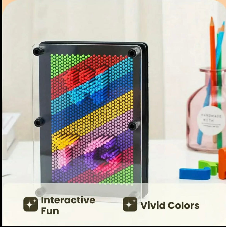 3D Rainbow Pin Art – sensory pin art toy for autism and ADHD by The Divergent Den laid down for you to see the underneath where the hand is placed to create impressions 