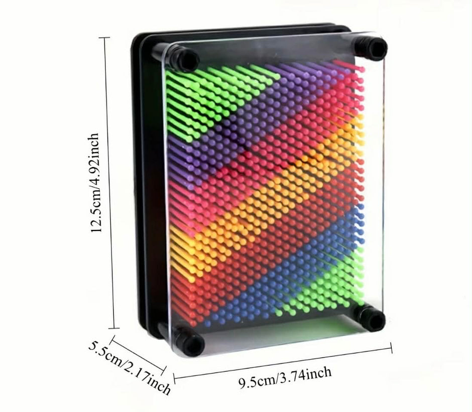 3D Rainbow Pin Art with dimensions labelled on a white background