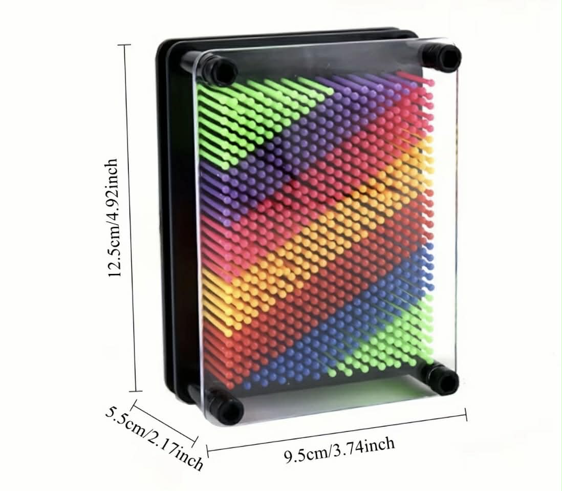 3D Rainbow Pin Art with dimensions labelled on a white background