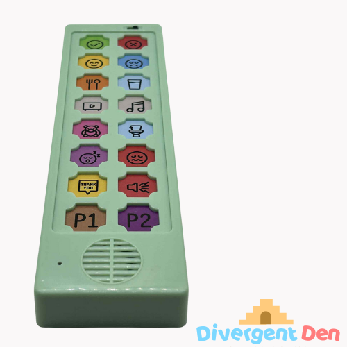 Close-up of ASD Communication Device showing colourful communication buttons and icons for visual learning