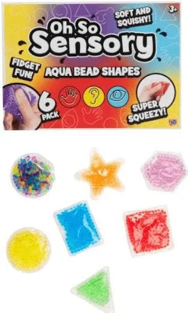 Six different water bead sensory shapes in vibrant colours for neurodivergent children