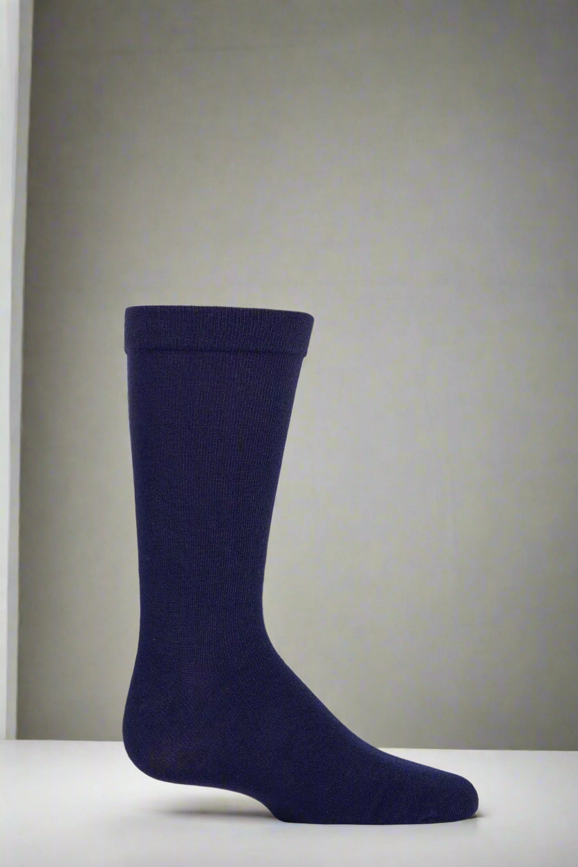 Navy blue bamboo sock on a white background showing the quality of the material for feet which need seamless feel
