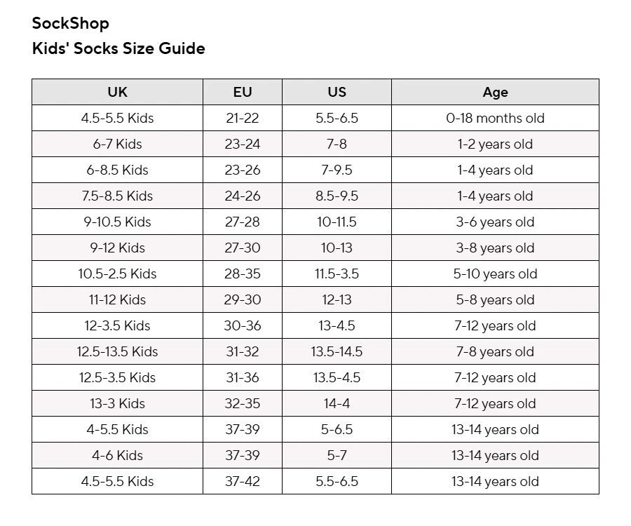 SockShop Kids' Socks Size Guide with UK, EU, US, and age ranges.