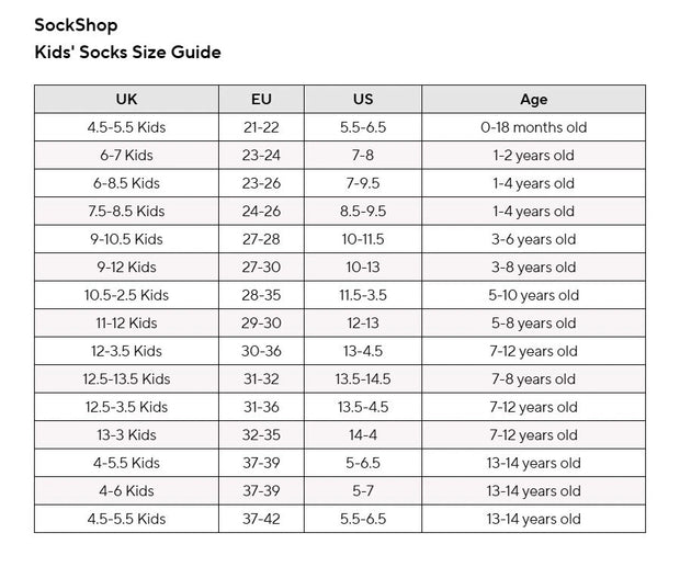 SockShop Kids' Socks Size Guide with UK, EU, US, and age ranges.