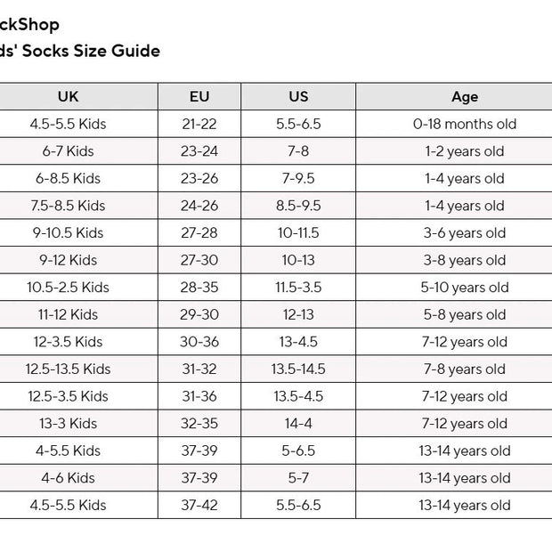 SockShop Kids' Socks Size Guide with UK, EU, US, and age ranges.