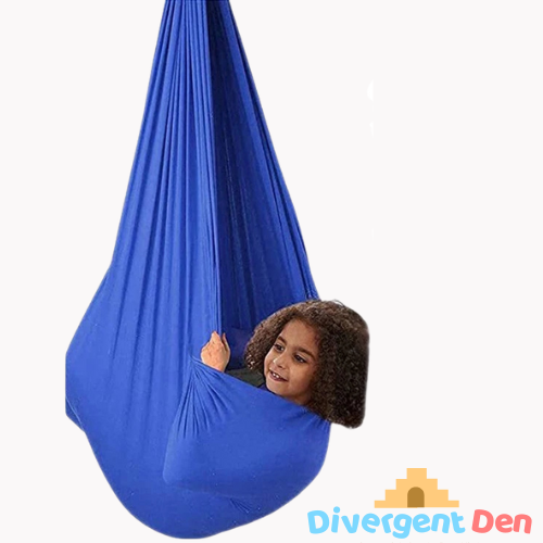 Blue sensory swing image including the fixtures. Sensory Swing calms and regulates | The Divergent Den