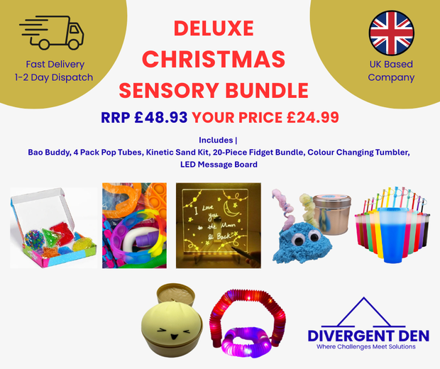 7 piece sensory bundle showing the products included in the bundle and the sale price. Perfect for neurodivergent children at Christmas. 