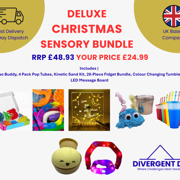 7 piece sensory bundle showing the products included in the bundle and the sale price. Perfect for neurodivergent children at Christmas. 