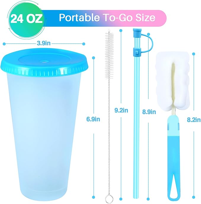 24 oz portable to-go cup set with measurements on a white background