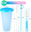 24 oz portable to-go cup set with measurements on a white background