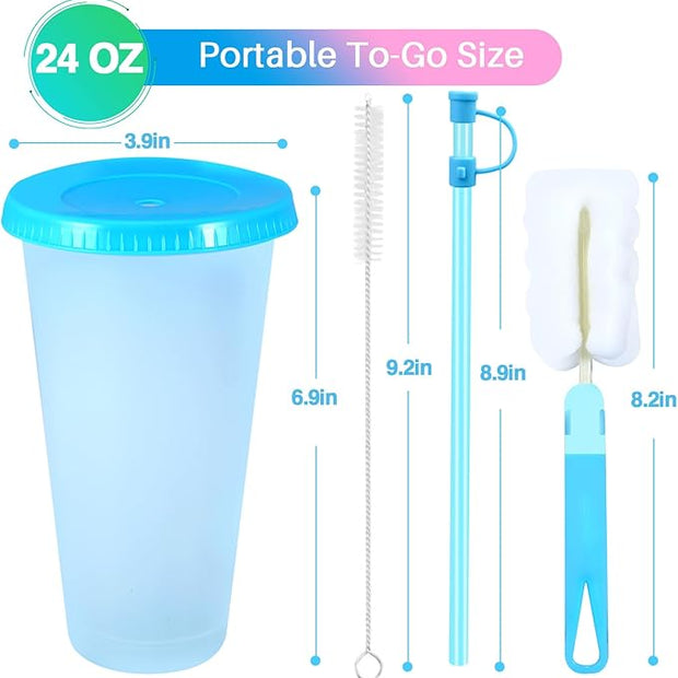 24 oz portable to-go cup set with measurements on a white background