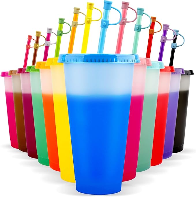 Colourful tumblers with lids and straws on a white background | Perfect for visual stimulation for children and adults who have neurodivergence