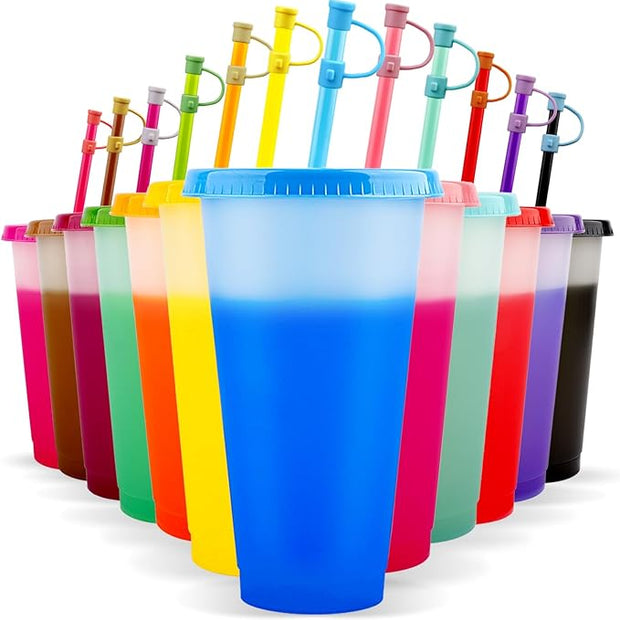 Colourful tumblers with lids and straws on a white background | Perfect for visual stimulation for children and adults who have neurodivergence