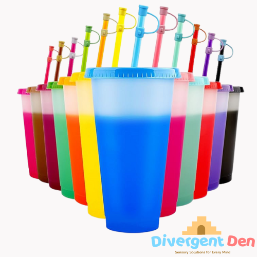 Colourful tumblers with lids and straws on a white background | Perfect for visual stimulation for children and adults who have neurodivergence