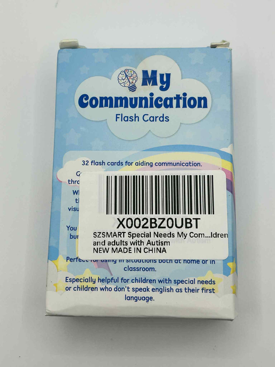 Box of 'My Communication' flash cards with a blue and white design on a light gray background.