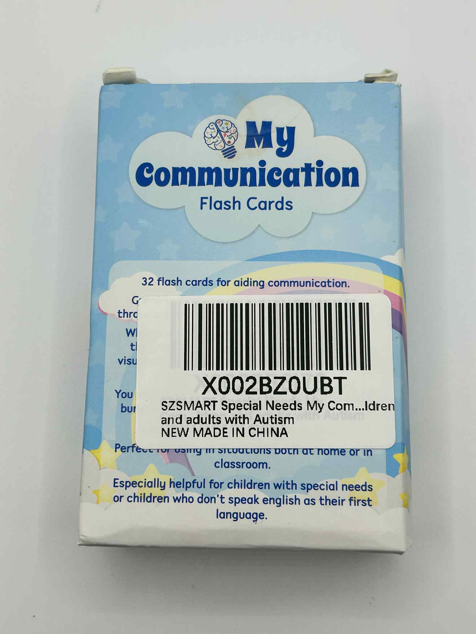 Box of 'My Communication' flash cards with a blue and white design on a light gray background.