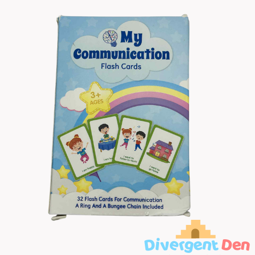 Communication flash cards packaging showing the front of the packet and what's inside for kids – visual support for ASD and ADHD by The Divergent Den