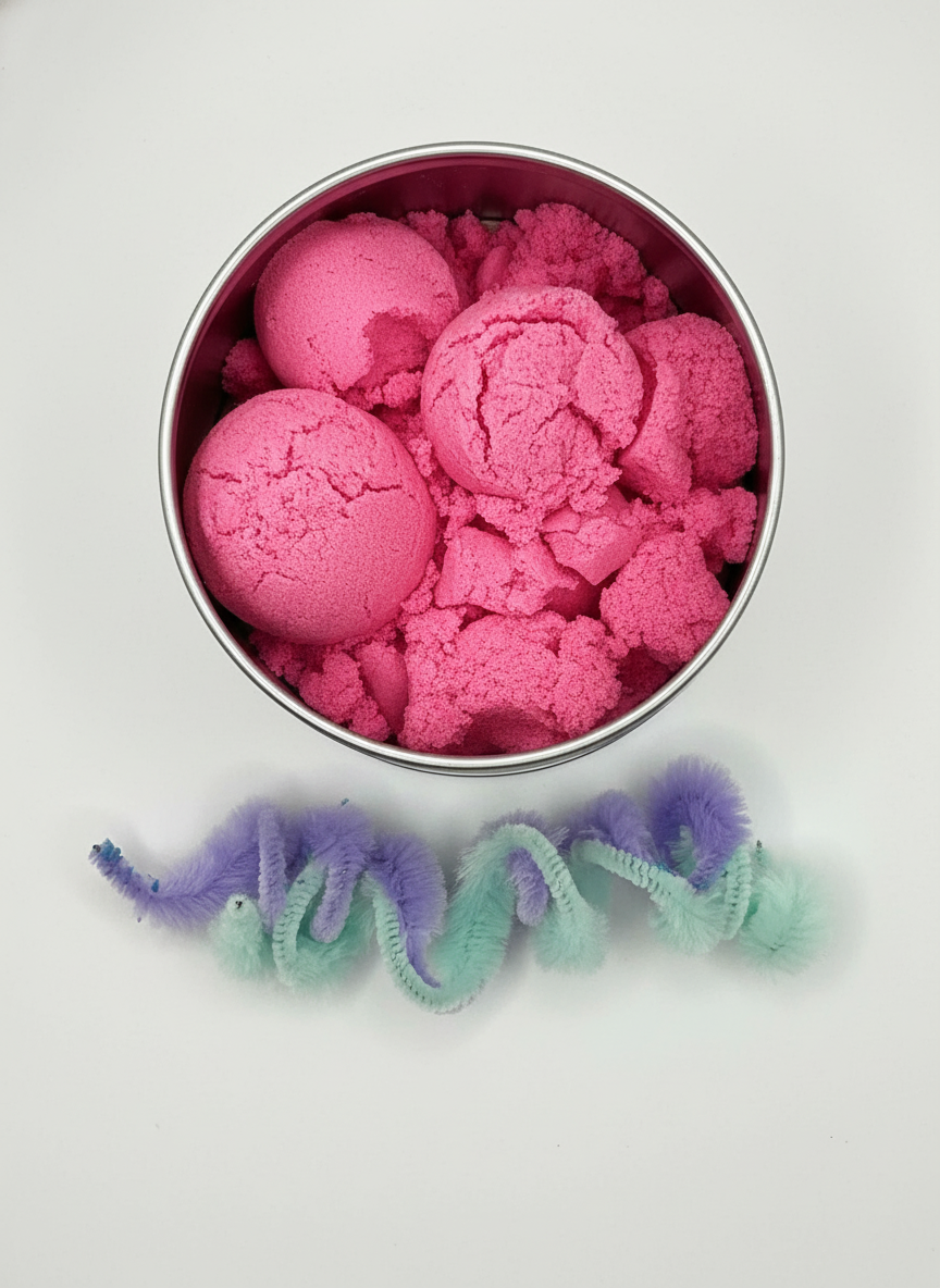 Top view of the pink Create Your Own Monster Sensory Set showing colourful modelling materials and tools for sensory play