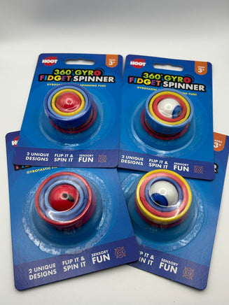 Four packages of 360 Gyro Fidget Spinners on a gray background