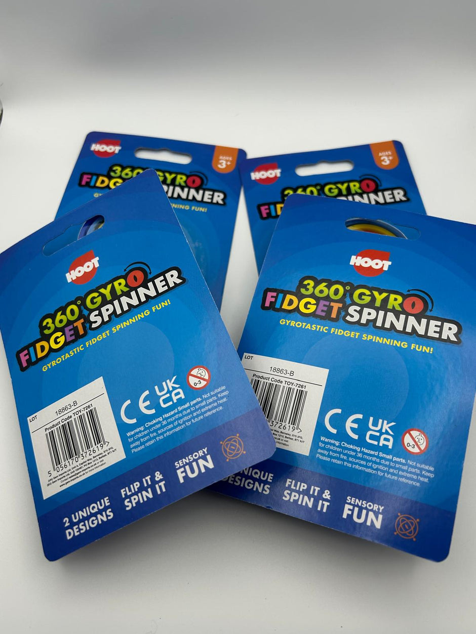 Three blue packages of Hoot 360 Gyro Fidget Spinners on a white background