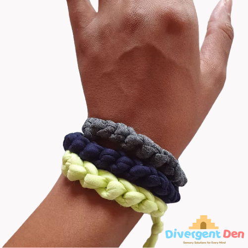 Fabric oral sensory bracelet in use, demonstrating calming fidget tool for anxiety relief
