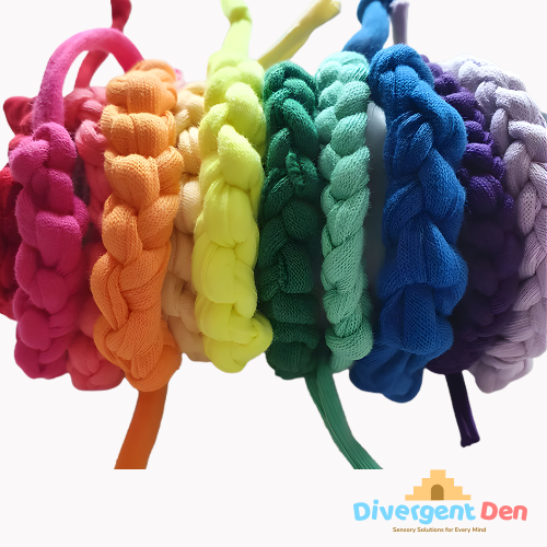 Close-up of soft t-shirt fabric oral sensory bracelet texture, safe for chewing
