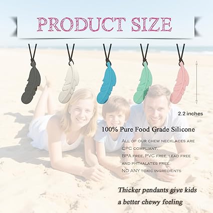 Feather Chewable Necklace showing soft, chewable feather texture for oral sensory play - alongside the product size of the necklace 