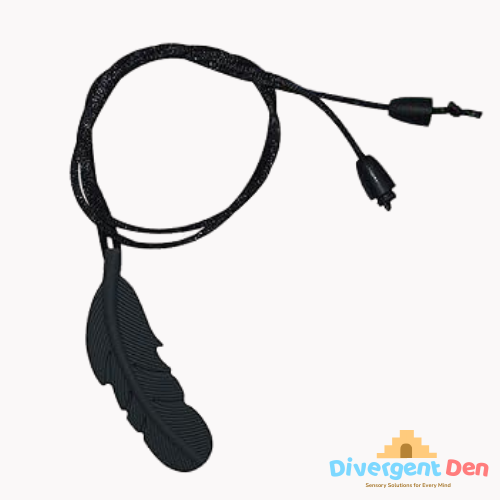 Black cord with feather attachment on a white background, branded 'Divergent Den'. Feather Chewable Necklace packaging – sensory chewable fidget toy for neurodivergent children | The Divergent Den