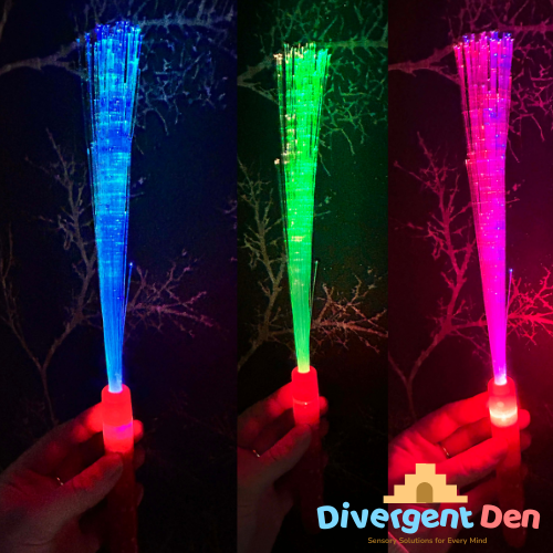 Fibre Optic wand in all three colours red, blue and white. Showing the three variants on offer. Perfect for neurodivergent children and adults wanting visual stimulation. 
