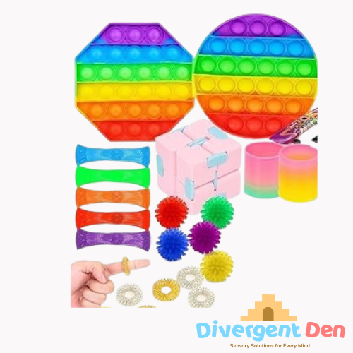 Collection of colorful sensory toys with a hand pointing to them, on a white background. Divergent Den logo visible.