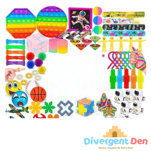 Assorted colorful toys and fidget items on a white background with 'Divergent Den' branding.