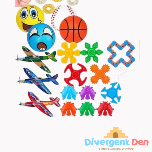 Collection of colorful toys including a smiley face, baseball, basketball, airplanes, and fidget spinners on a white background with 'Divergent Den' branding.