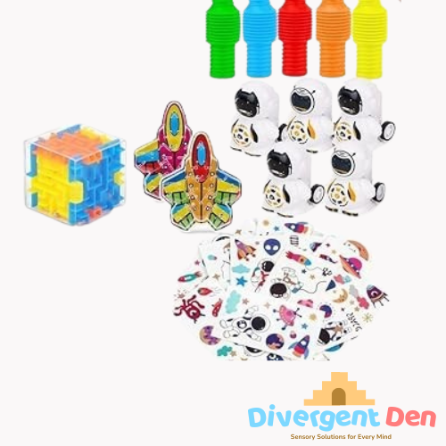 Assorted toys including a colorful cube, butterfly-shaped toy, animal figurines, and a sheet of stickers on a white background with 'Divergent Den' branding.
