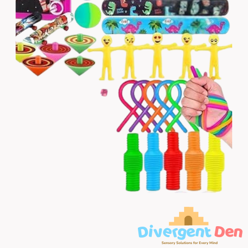 Colorful toys including finger puppets, a ring game, and colorful bottles with 'Divergent Den' branding.