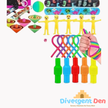 Colorful toys including finger puppets, a ring game, and colorful bottles with 'Divergent Den' branding.