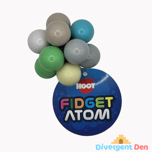 Fidget Atom close-up showing multi-coloured tactile buttons for stress relief and focus