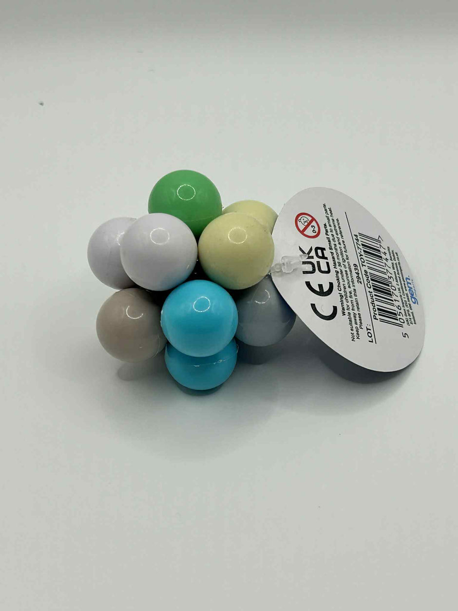 Fidget Atom close-up of label showing UCKA Number showing multi-coloured tactile buttons for stress relief and focus
