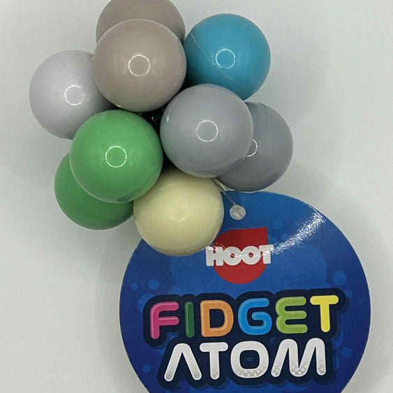 Fidget Atom close-up showing multi-coloured tactile buttons for stress relief and focus