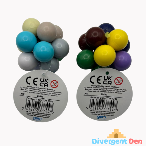two Fidget Atoms showing multi-coloured tactile buttons for stress relief and focus