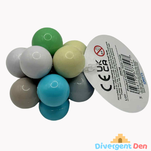 Fidget Atom close-up of label showing UCKA Number showing multi-coloured tactile buttons for stress relief and focus