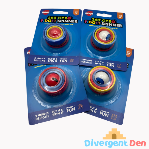 Four packages of 360 Gyro Fidget Spinners on a grey background