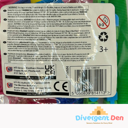 Back of a package with colourful fidget spinners and safety warning labels.