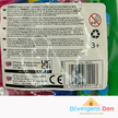 Back of a package with colourful fidget spinners and safety warning labels.
