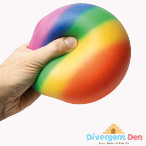 Hand holding a rainbow-colored stress ball with 'Divergent Den' logo in the corner.